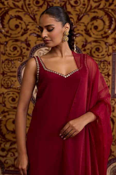Meesa_Maroon Crepe, Organza Embroidery, Beads, Tassels Sleeveless Kurta Pant Set _Online_at_Aza_Fashions
