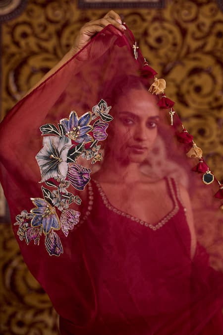 Shop_Meesa_Maroon Crepe, Organza Embroidery, Beads, Tassels Sleeveless Kurta Pant Set _Online_at_Aza_Fashions