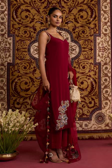 Meesa_Maroon Crepe, Organza Embroidery, Beads, Tassels Sleeveless Kurta Pant Set _at_Aza_Fashions