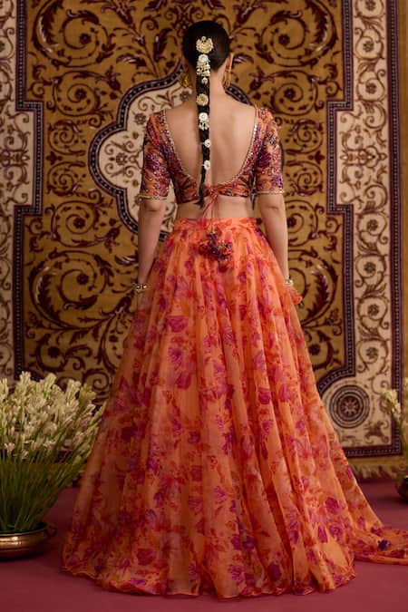Meesa Orange Floral Organza Lehenga Set 