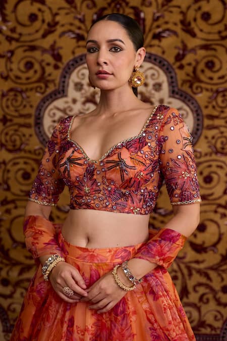 Meesa_Orange Organza Embroidery, Zari, Tassels, Sequins, Beads Floral Lehenga Set _Online_at_Aza_Fashions