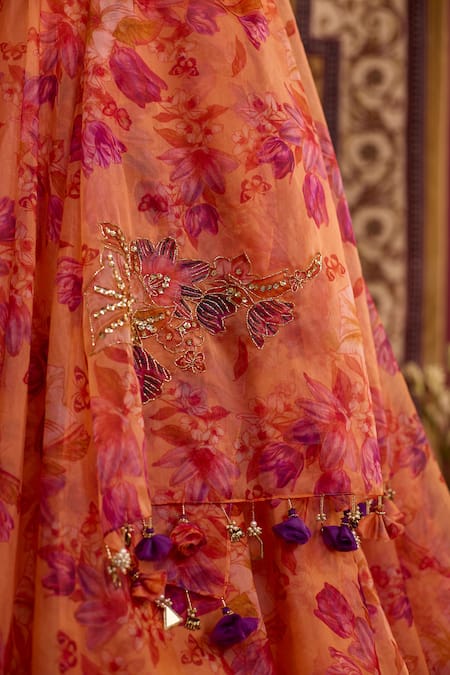 Buy_Meesa_Orange Organza Embroidery, Zari, Tassels, Sequins, Beads Floral Lehenga Set _Online_at_Aza_Fashions