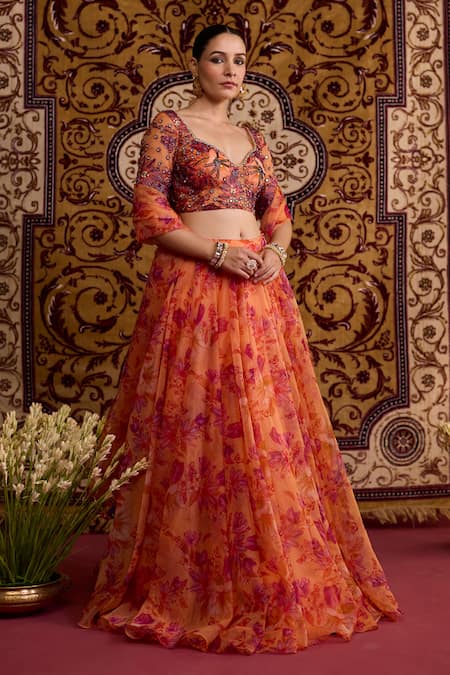 Shop_Meesa_Orange Organza Embroidery, Zari, Tassels, Sequins, Beads Floral Lehenga Set _Online_at_Aza_Fashions