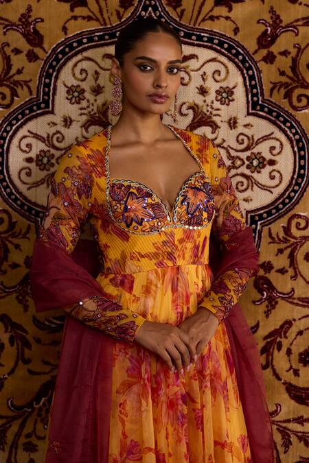 Meesa_Yellow Organza Embroidery, Applique Floral Print Anarkali With Dupatta _Online_at_Aza_Fashions