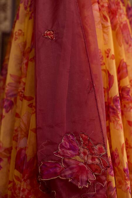 Buy_Meesa_Yellow Organza Embroidery, Applique Floral Print Anarkali With Dupatta _Online_at_Aza_Fashions