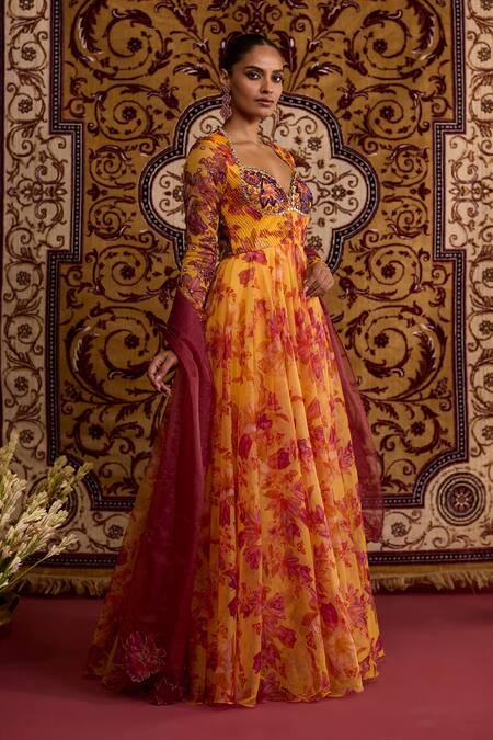 Shop_Meesa_Yellow Organza Embroidery, Applique Floral Print Anarkali With Dupatta _Online_at_Aza_Fashions