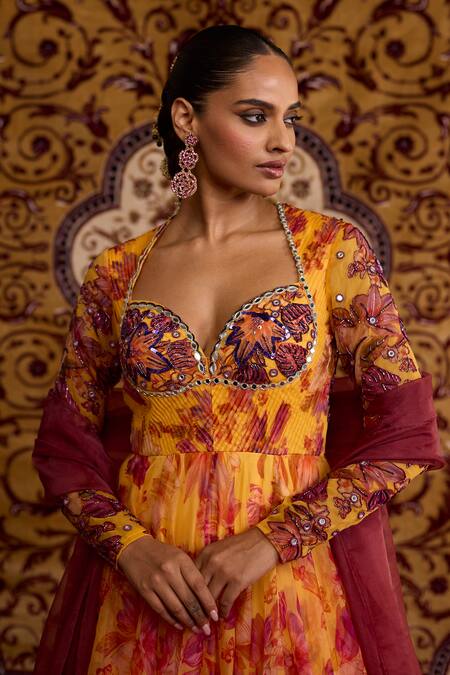 Meesa_Yellow Organza Embroidery, Applique Floral Print Anarkali With Dupatta _at_Aza_Fashions