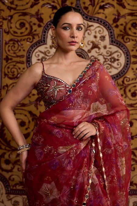 Meesa_Red Organza Foil Printing, Embroidery, Mirrors, Floral Saree With Blouse _Online_at_Aza_Fashions