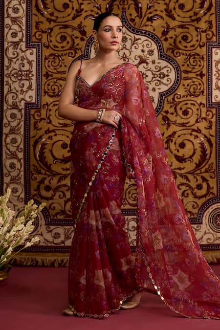 Buy_Meesa_Red Organza Foil Printing, Embroidery, Mirrors, Floral Saree With Blouse _Online_at_Aza_Fashions