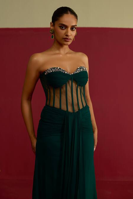 Buy_Meesa_Green Chinon, Chiffon Crystals, Stones Sweetheart Neck Corset Bandeau Gown _Online_at_Aza_Fashions