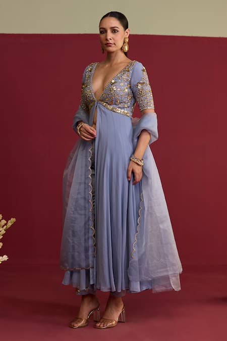 Meesa_Blue Georgette, Satin, Organza Embroidery, Sequins, Mirrors Hand Anarkali Set _Online_at_Aza_Fashions