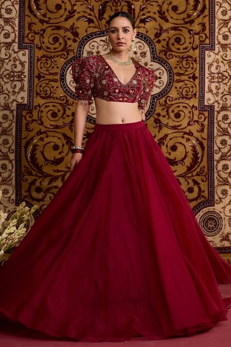 Buy Meesa Red Organza Embroidery, Beads, Tassels, Applique V-neck Lehenga Set Online at Aza Fashions Buy_Meesa_Red Organza Embroidery, Beads, Tassels, Applique V-neck Lehenga Set _Online_at_Aza_Fashions