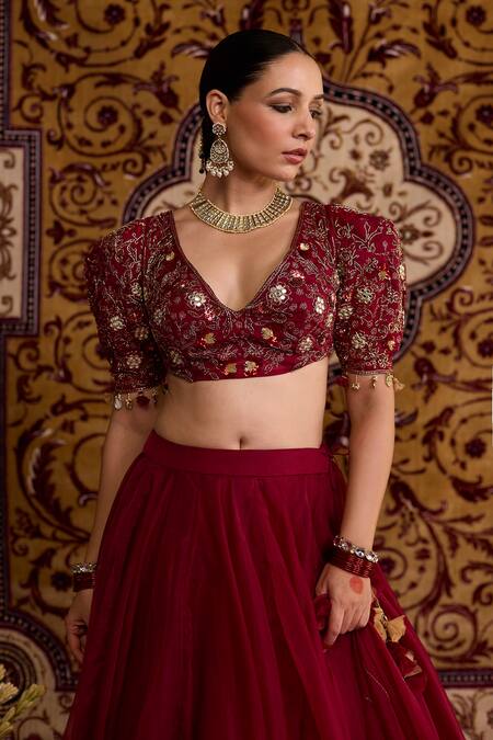 Shop Meesa Red Organza Embroidery, Beads, Tassels, Applique V-neck Lehenga Set Online at Aza Fashions Shop_Meesa_Red Organza Embroidery, Beads, Tassels, Applique V-neck Lehenga Set _Online_at_Aza_Fashions