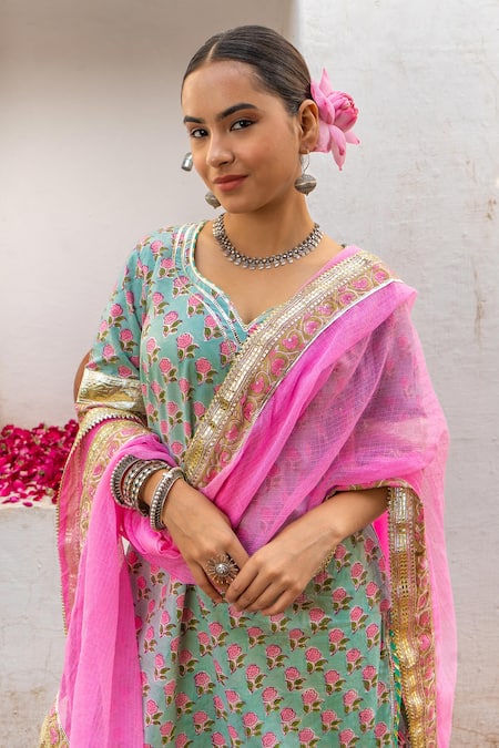 Buy_Maison Shefali_Blue Cotton, Kota Doria Foil Printing, Patti Hand Block Kurta Sharara Set _Online_at_Aza_Fashions