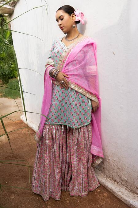 Shop_Maison Shefali_Blue Cotton, Kota Doria Foil Printing, Patti Hand Block Kurta Sharara Set _Online_at_Aza_Fashions