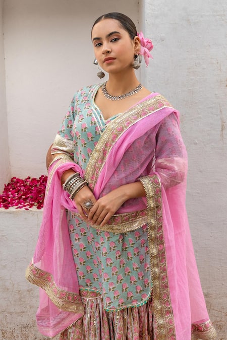 Maison Shefali_Blue Cotton, Kota Doria Foil Printing, Patti Hand Block Kurta Sharara Set _at_Aza_Fashions