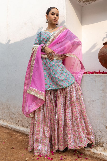 Maison Shefali Hand Block Print Gota Kurta Sharara Set 