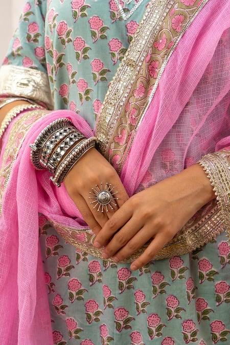 Shop_Maison Shefali_Blue Cotton, Kota Doria Foil Printing, Patti Hand Block Kurta Sharara Set 