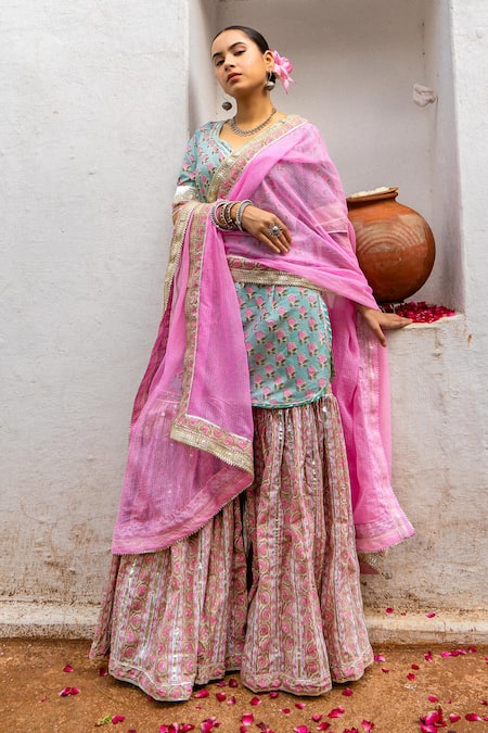 Maison Shefali Hand Block Print Gota Kurta Sharara Set 