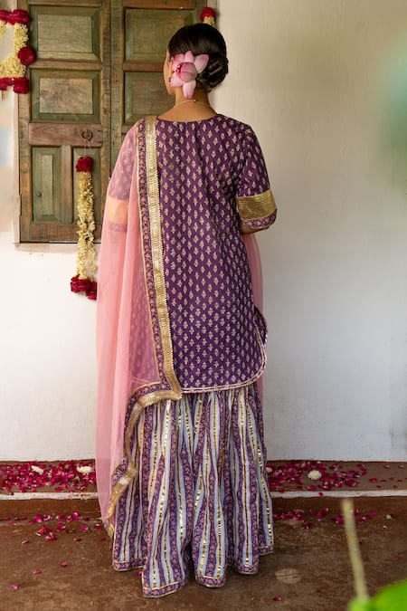 Maison Shefali Hand Block Printed Gota Kurta Sharara Set 