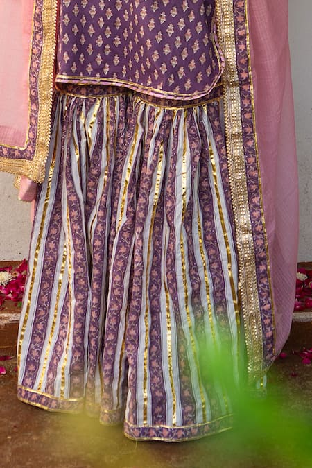 Shop_Maison Shefali_Purple Cotton, Kota Doria Patti Hand Block Printed Kurta Sharara Set _Online_at_Aza_Fashions