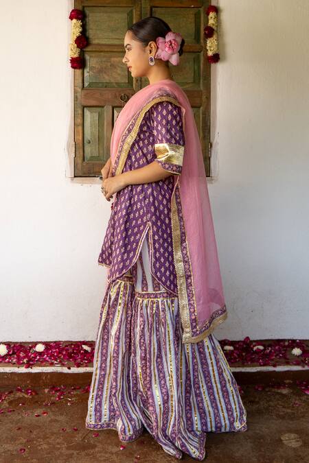 Maison Shefali_Purple Cotton, Kota Doria Patti Hand Block Printed Kurta Sharara Set _at_Aza_Fashions