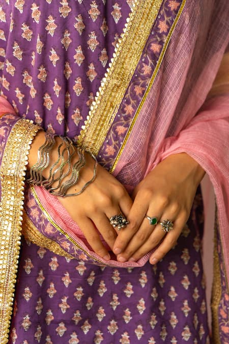 Buy_Maison Shefali_Purple Cotton, Kota Doria Patti Hand Block Printed Kurta Sharara Set 