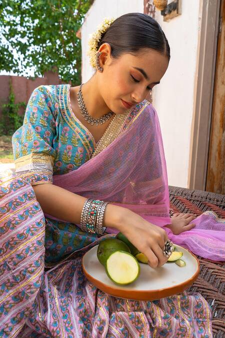 Buy_Maison Shefali_Green Cotton, Kota Doria Hand Block Print Kurta, Sharara And Dupatta Set _Online_at_Aza_Fashions