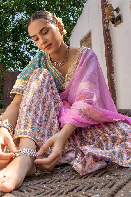 Shop_Maison Shefali_Green Cotton, Kota Doria Hand Block Print Kurta, Sharara And Dupatta Set _Online_at_Aza_Fashions