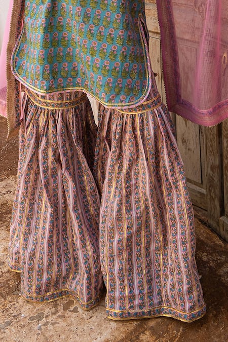 Maison Shefali_Green Cotton, Kota Doria Hand Block Print Kurta, Sharara And Dupatta Set _at_Aza_Fashions