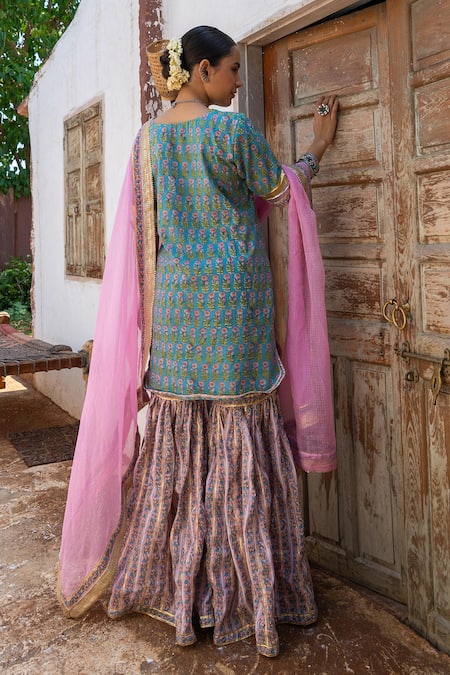 Maison Shefali Hand Block Print Gota Kurta, Sharara & Dupatta Set 