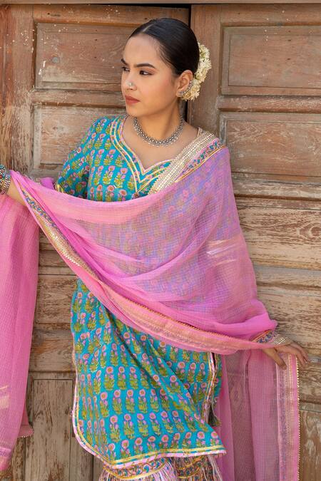 Buy_Maison Shefali_Green Cotton, Kota Doria Hand Block Print Kurta, Sharara And Dupatta Set 