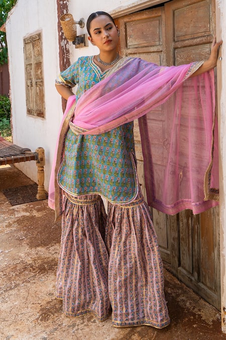 Maison Shefali Hand Block Print Gota Kurta, Sharara & Dupatta Set 