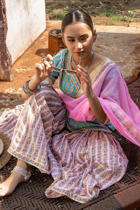 Shop_Maison Shefali_Green Cotton, Kota Doria Hand Block Print Kurta, Sharara And Dupatta Set 