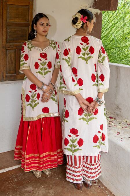 Shop_Maison Shefali_White Cotton Gota Patti V-neck Mughal Boota Hand Block Print Kurta Sharara Set _Online_at_Aza_Fashions