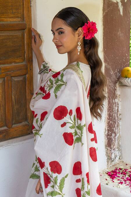 Maison Shefali_White Cotton Gota Patti V-neck Mughal Boota Hand Block Print Kurta Sharara Set _at_Aza_Fashions