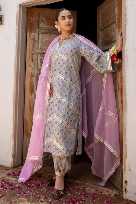 Maison Shefali Hand Block Print Gota Dhari Kurta Salwar Set 