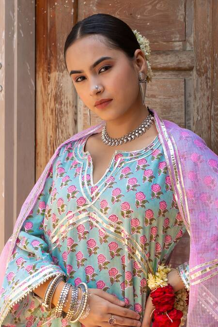 Buy_Maison Shefali_Blue Cotton, Kota Doria Patti Hand Block Print Dhari Kurta Salwar Set _Online_at_Aza_Fashions