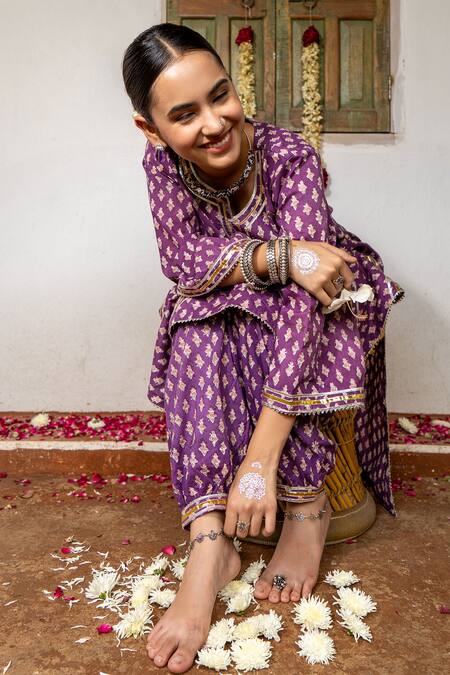 Shop_Maison Shefali_Purple Cotton, Kota Doria Patti V-neck Hand Block Print Kurta Salwar Set _Online_at_Aza_Fashions