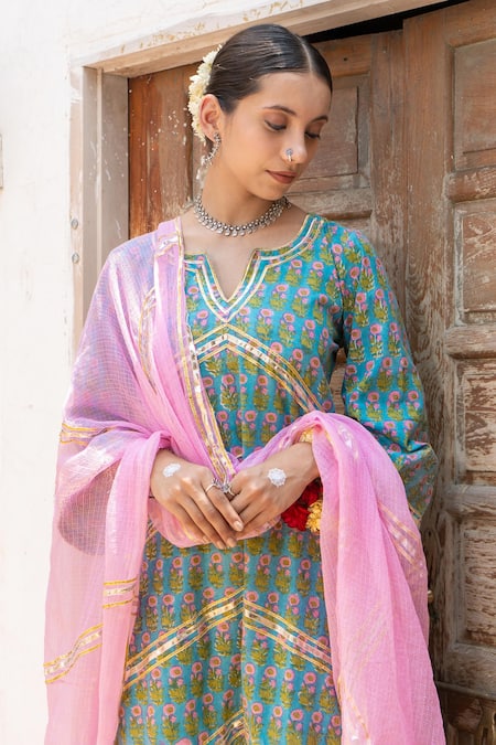 Shop Maison Shefali Green Cotton, Kota Doria Patti Hand Block Print Dhari Kurta Salwar Set Online at Aza Fashions Shop_Maison Shefali_Green Cotton, Kota Doria Patti Hand Block Print Dhari Kurta Salwar Set _Online_at_Aza_Fashions