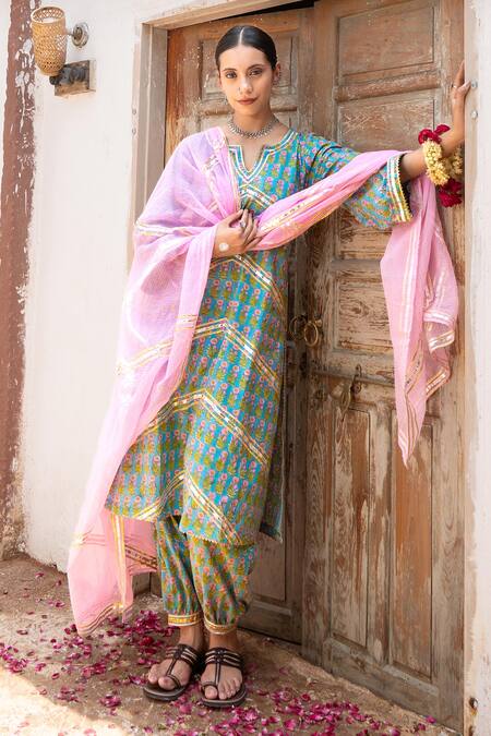 Maison Shefali Green Cotton, Kota Doria Patti Hand Block Print Dhari Kurta Salwar Set at Aza Fashions Maison Shefali_Green Cotton, Kota Doria Patti Hand Block Print Dhari Kurta Salwar Set _at_Aza_Fashions