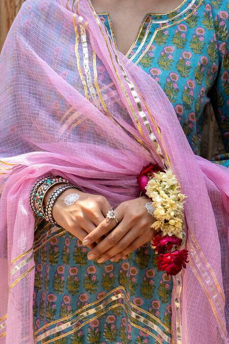 Buy Maison Shefali Green Cotton, Kota Doria Patti Hand Block Print Dhari Kurta Salwar Set Buy_Maison Shefali_Green Cotton, Kota Doria Patti Hand Block Print Dhari Kurta Salwar Set