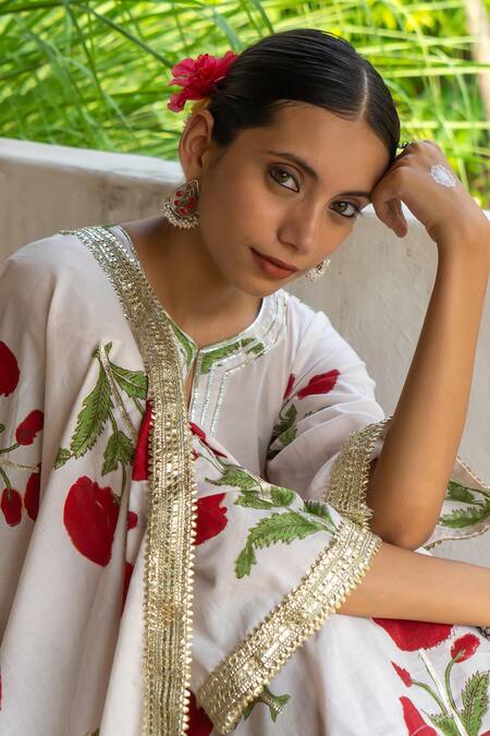 Shop_Maison Shefali_White Cotton Gota Patti V-neck Mughal Boota Print Kurta Set 