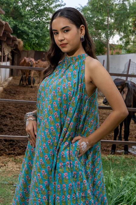 Shop_Maison Shefali_Green Cotton Gota Patti Halter Neck Block Printed Floral Ghera Dress _Online_at_Aza_Fashions
