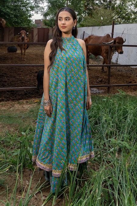 Maison Shefali Block Printed Floral Ghera Dress 