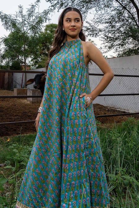 Maison Shefali_Green Cotton Gota Patti Halter Neck Block Printed Floral Ghera Dress _at_Aza_Fashions