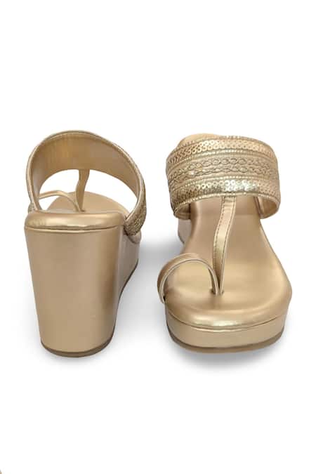 Shop_Devano_Gold Zari, Beads, Sequins Azrah Kolhapuri Wedges _Online_at_Aza_Fashions