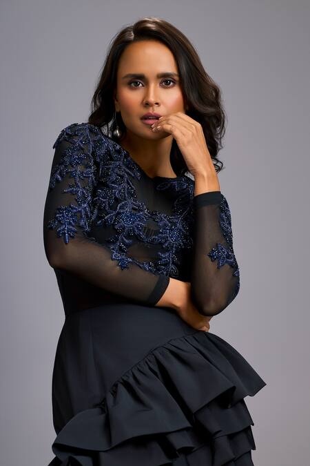 Deepika Arora_Blue Silk, Net Embroidery, Stones, Ruffles Round Neck Top And Asymmetrical Skirt _Online_at_Aza_Fashions