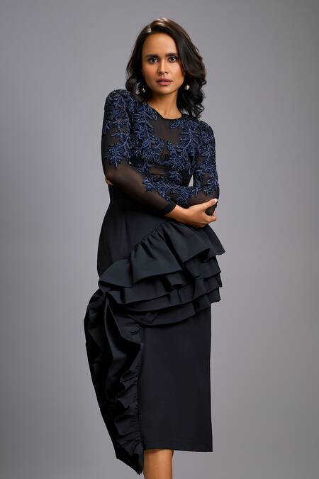 Deepika Arora_Blue Silk, Net Embroidery, Stones, Ruffles Round Neck Top And Asymmetrical Skirt _at_Aza_Fashions