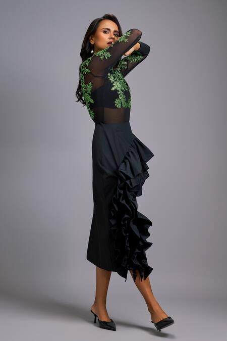 Buy_Deepika Arora_Black Net, Silk Embroidery, Ruffles Round Neck And Top With Skirt _Online_at_Aza_Fashions